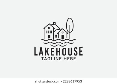 lake house logo with a house over lake or water in line style for any business especially for travel, real estate, hotel, etc.