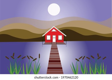 Lake House Night And Reeds Vector Illustration