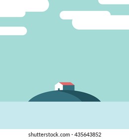 Lake house on the island in middle of water vector illustration. Summer holidays poster template with space for text. Eps10 vector illustration.