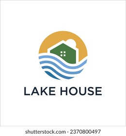 lake house and sun in colorful vector logo