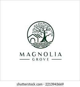 Lake, house and tree logo design