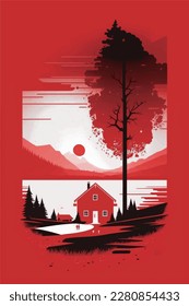 Lake House, two people accompanied by the sunset home, red and white 