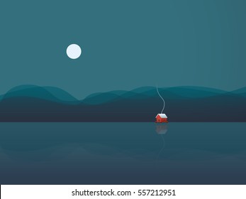 Lake house vector illustration background with cabin on water at night under moon. Concept of freedom, solitude, calm, relaxing holiday or vacation. Eps10 vector illustration.