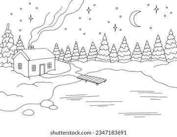 Seehaus in Winterlandschaft, Grafik, schwarz-weißer Skizze, Vektorgrafik