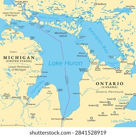 Lake Huron, one of the five Great Lakes in North America, political map. Third-largest freshwater lake in the world, shared by Canadian province of Ontario, and U.S. state of Michigan, Ohio. Vector