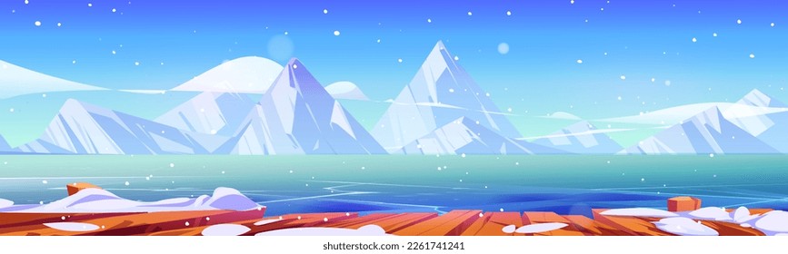 Lake with ice, wood pier and mountains in winter. Landscape with frozen river water, snow on wooden berth or embankment and white rocks on horizon, vector cartoon illustration