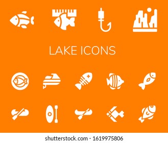 lake icon set. 14 filled lake icons. Included Fish, Fishing rod, Canyon, Kayak, Jet ski, Canoe icons