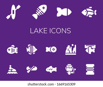 lake icon set. 14 filled lake icons.  Simple modern icons such as: Kayak, Fish, water ski, Fishing reel, Canyon, Fishing line