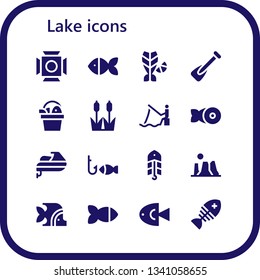 lake icon set. 16 filled lake icons.  Simple modern icons about  - Scenic Illumination, Fish, Rowing, Reed, Fishing, Jet ski, Bait, Canyon