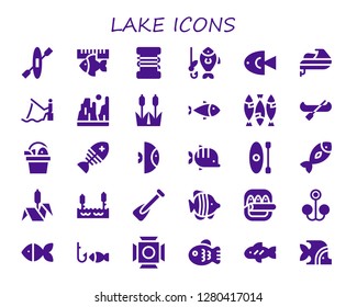  lake icon set. 30 filled lake icons. Simple modern icons about  - Kayak, Fish, Fishing line, Fishing, Jet ski, Canyon, Reed, Canoe, Bulrush, Lake, Rowing, Bait, Scenic Illumination