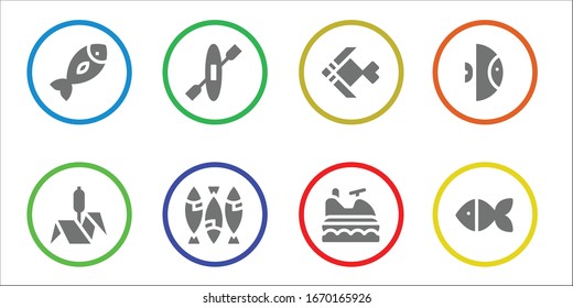 conjunto de iconos del lago. 8 iconos llenos de lago.  Iconos modernos sencillos, como: Pescado, Bulrush, Kayak, moto acuática