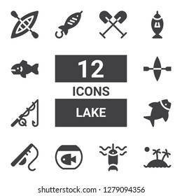 lake icon set. Collection of 12 filled lake icons included Island, Fishing, Fish, Fishing rod, Kayak, Oar