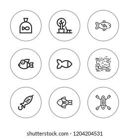 Lake icon set. collection of 9 outline lake icons with fish, kayak, editable.