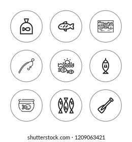 Lake icon set. collection of 9 outline lake icons with fish, fishing rod, fishing, landscape icons. editable icons.