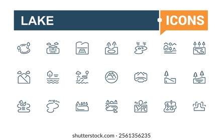 Lake icon set. Containing hill, rest, tree, sea, desert, park, house and more. Minimal linear icons. Editable stroke.