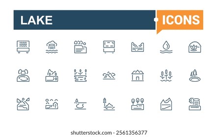 Lake icon set. Containing hill, rest, tree, sea, desert, park, house and more. Minimal linear icons. Editable stroke.