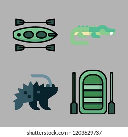lake icon set. vector set about crocodile, inflatable boat, canoe and porcupine icons set.