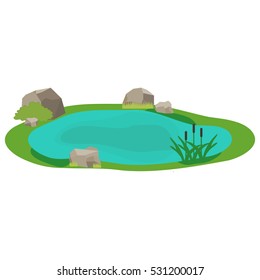 Lake, icon lake, water, stones, reeds, grass. Flat design, vector.