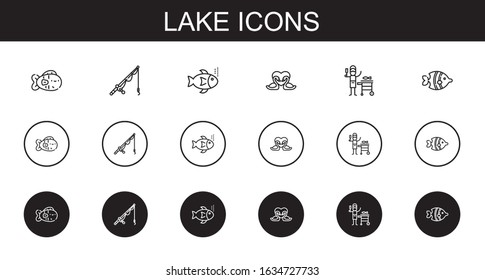 lake icons set. Collection of lake with fish, fishing rod, fishes, swans. Editable and scalable lake icons.