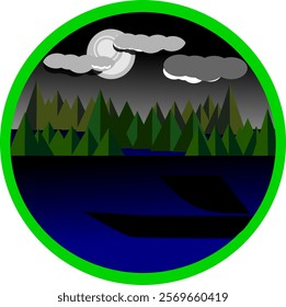 lake illustration symbol, at the night sky moon