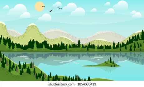 lake with an island among the fields, coniferous forest, hills against the background of mountains, sky with the sun, clouds, silhouettes of flying birds. beautiful landscape. vector