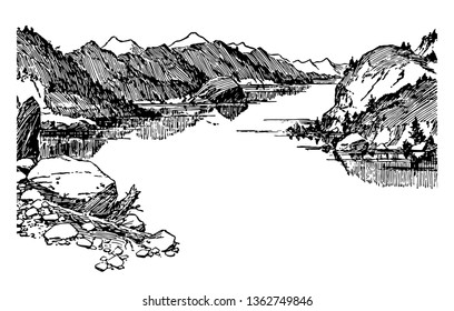 Lake Klamath is a large shallow fresh water lake situated east of cascade range in south central Oregon, US vintage line drawing.