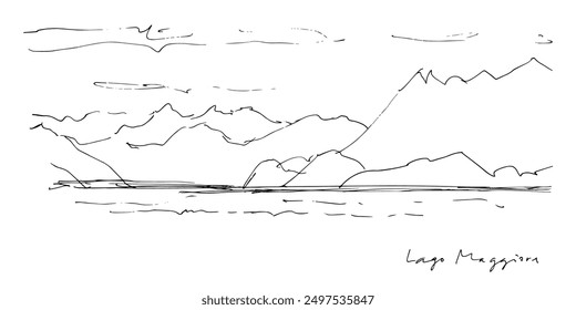 Lake Lago Maggiore in the mountains sketch with handwritten text. Vector hand drawn illustration with landscape Italian and Swiss resorts Lombardia, Piemonte, Ticino. Background for card, poster, sign