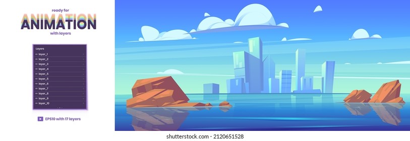 Lake landscape with city buildings on skyline. Vector parallax background ready for 2d animation with cartoon illustration of sea or river with stones in water and town skyscrapers on horizon