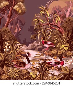 Lake landscape with ducks, trees and flowers. Vector