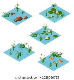 Lake Landscape Isometric Tile Set, Cartoon Or Game Asset To Create Forest Or Garden Lake Or Pond Scene. Isometric Isolated Tiles With Water, Grass, Ducks, Lilies, Reeds. Vector Illustration