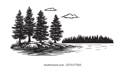 lake landscape with pine trees and small island in black and white