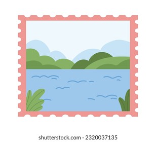 Lake Landscape Postage Stamp Vector Illustration