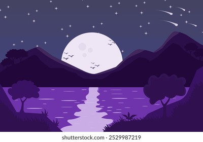 Paisagem do lago com silhueta de montanha e árvores no céu roxo escuro à noite. Paisagem de fundo vetorial sob o luar com estrelas. Bela cena. 