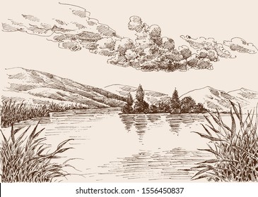 Lake landscape sketch, water vegetation and cloudy sky hand drawing