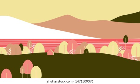 Lake landscape, small house on hill beside the lake with mountains behind in pink and brown tones