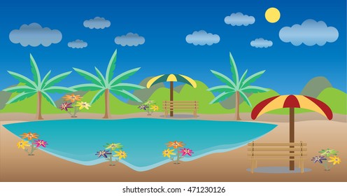 Lake landscape, Tree chair with mountain background Vector Illustration