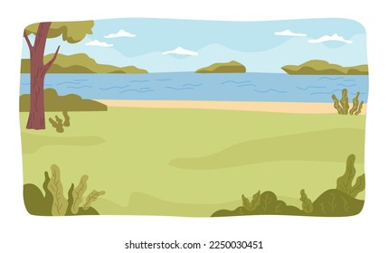Lake landscape with trees and bushes, grass, and water waves. Summer vacation spot, recreation on nature. Coast or bank of river. Vector in flat style
