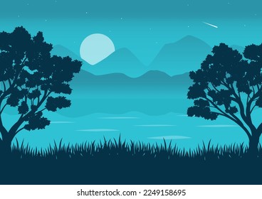 lake landscape vector illustration with a blue silhouette