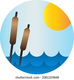 Lake landscape with water, reed and sun vector. River waterscape nature with growing cane plant and sunshine in calm summer day. Pond reservoir wild scape flat cartoon illustration