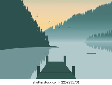 lake landscape with wooden pier and pine forest, vector illustration.