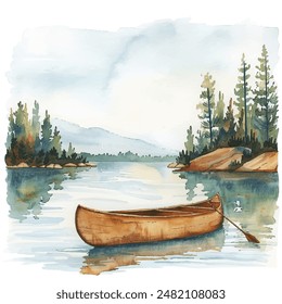 lake lanscape with canoe vector illustration in watercolor style