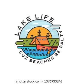 Lake Life Logo Design. Modern Liquid Dynamic Style. Travel adventure badge patch with quote - Cuz beaches be salty. Funny camping insignia label for print t-shirt. Stock vector isolate.