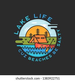 Lake Life Logo Design. Modern Liquid Dynamic Style. Travel Adventure Badge Patch With Quote - Cuz Beaches Be Salty. Funny Camping Insignia Label For Print T-shirt. Stock Vector.