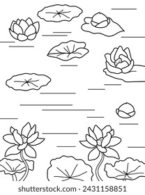 Lake with lilies and water flowers. Coloring page, black and white vector illustration.