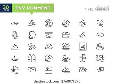 Lake line icon set. Tranquil, mountain range, flowing river, forest, water reflection, smooth water line, pond outline vector icon set. Editable stroke