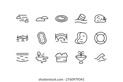 Lake line icon set. Tranquil, mountain range, flowing river, forest, smooth water line, pond outline vector icons. Editable stroke