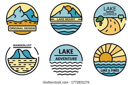 Lake logo set. Outline set of lake vector logo thin line color flat on white