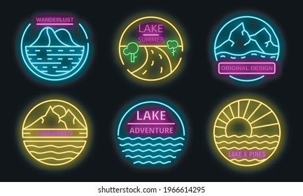 Lake logo set. Outline set of lake vector logo neon color on white