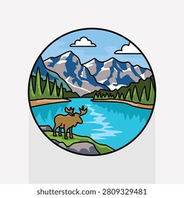 Lake Louise Mountain Landscape in Canada Circular Travel Destination Illustration Featuring Alpine Lake and Famous Natural Tourism Landmark Badge Icon Design