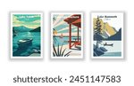 Lake Mammoth, California, Lake Sam Rayburn, Texas, Lake Tahoe, Nevada - Vintage travel poster. Vector illustration. High quality prints